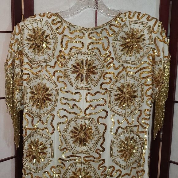 Gold Star Fringed Sequined Beaded Silk Cocktail Formal Dress - Picture 8 of 11